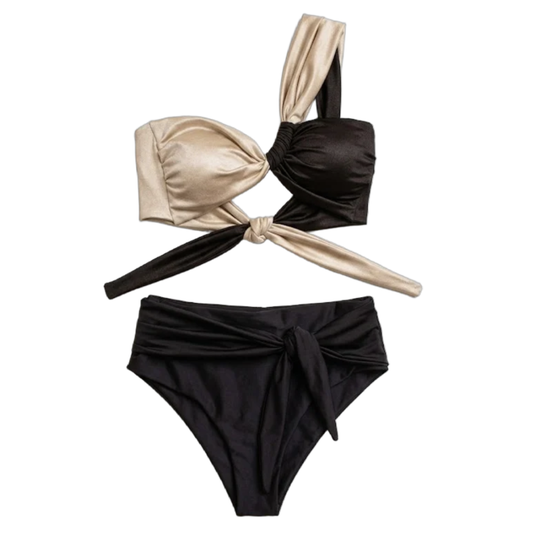 Traje de baño Bikini Espresso bicolor en dorado champagne y café oscuro, con top asimétrico cruzado y bottom de tiro alto con nudo COCCO SWIM.