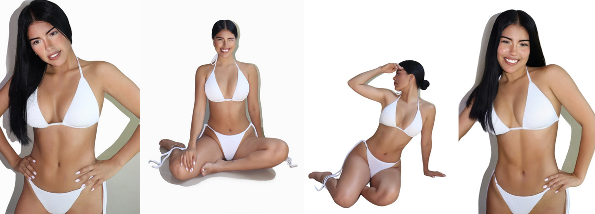 Modelo luciendo el Bikini Celine de dos piezas color blanco con top de triángulo y tiras ajustables, Cocco Swim.