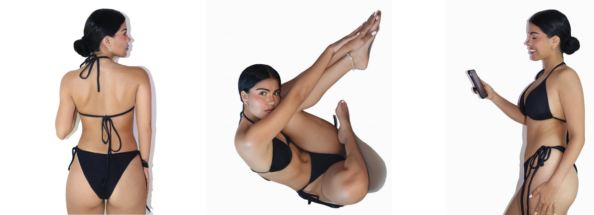 Modelo luciendo el Bikini Ceniza de dos piezas color negro texturizado con top de triángulo y amarrado lateral, Cocco Swim.