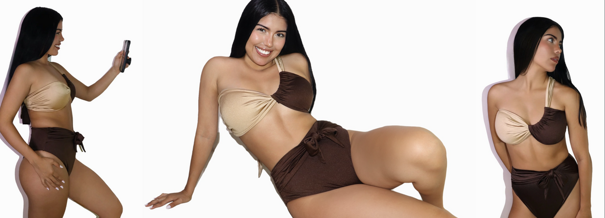 Modelo luciendo el Bikini Espresso de dos piezas bicolor en tonos beige y café con top asimétrico y pantaleta de tiro alto, Cocco Swim.